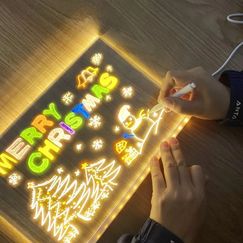FCESUY Painter's First Tool rewritable message board. Message board night scene, transparent drawing board with light, suitable for home bedroom desktop decoration children's drawing board (comes with 7 pens)
