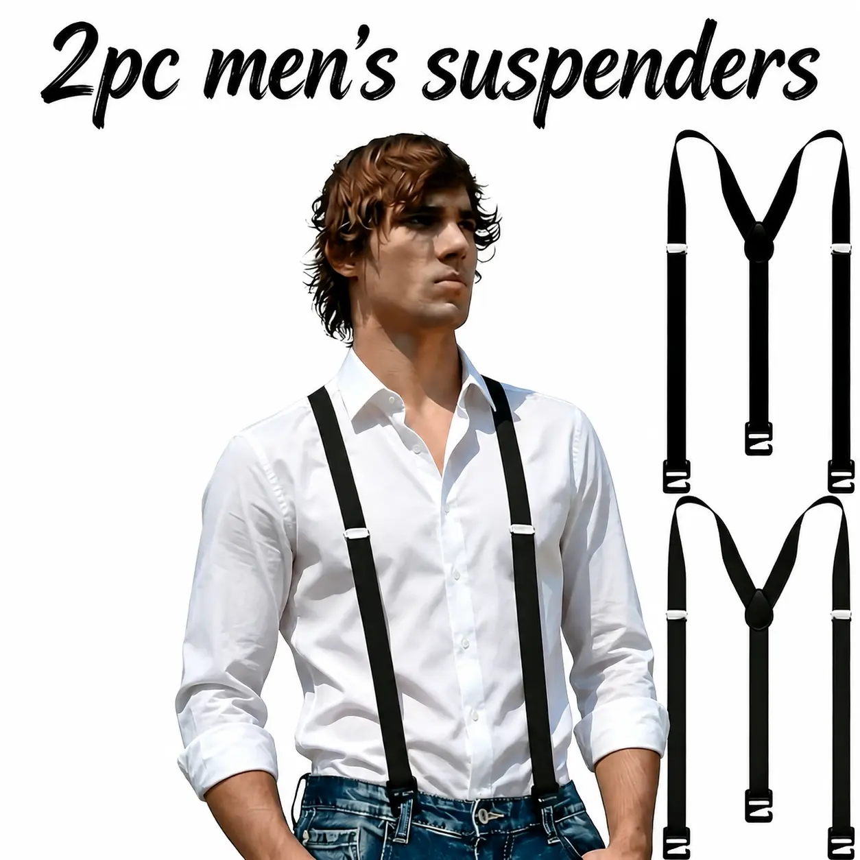 2 Pack Men's Adjustable Suspenders, Elastic Black Suspenders with Secure Buckles, Stretch Straps for Daily Wear and Outdoor Activities