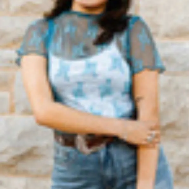 Women's Sheer Lace Aura Short-Sleeve Blouse - Spandex-Nylon Fabric, Flat Drape, Muted Blue & Soft Lavender, Everyday Wear