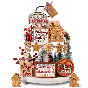 15-Piece Christmas Winter Decor Set, Layered Tray Decoration Kit, Snowman Table Wooden Sign, Warm Winter Desktop Wood Blocks, Holiday Centerpiece Wooden Ornaments, Home Decor Ornaments