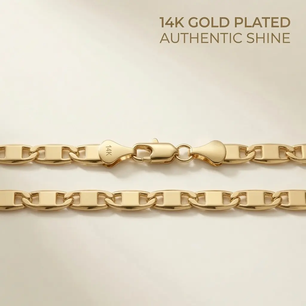 14K Gold Plated Mariner Anchor Link Chain Necklace Unisex 6mm 8mm High Polish Tarnish Resistant 20 Inch 24 Inch Gift