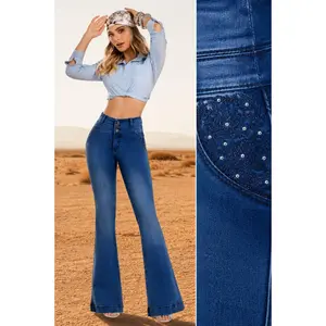 Colombian Flare Jeans Ref. 1698 – High Waist Peach Skin Satin Stretch Denim with Embroidered Detail