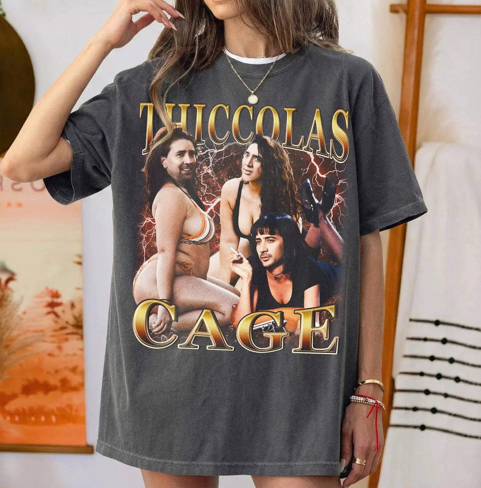 Retro Nicolas Cage Thiccolas Shirt, Funny Meme Graphic Tee, Trendy Pop Culture Gift for Film Fan, Vintage T-Shirt