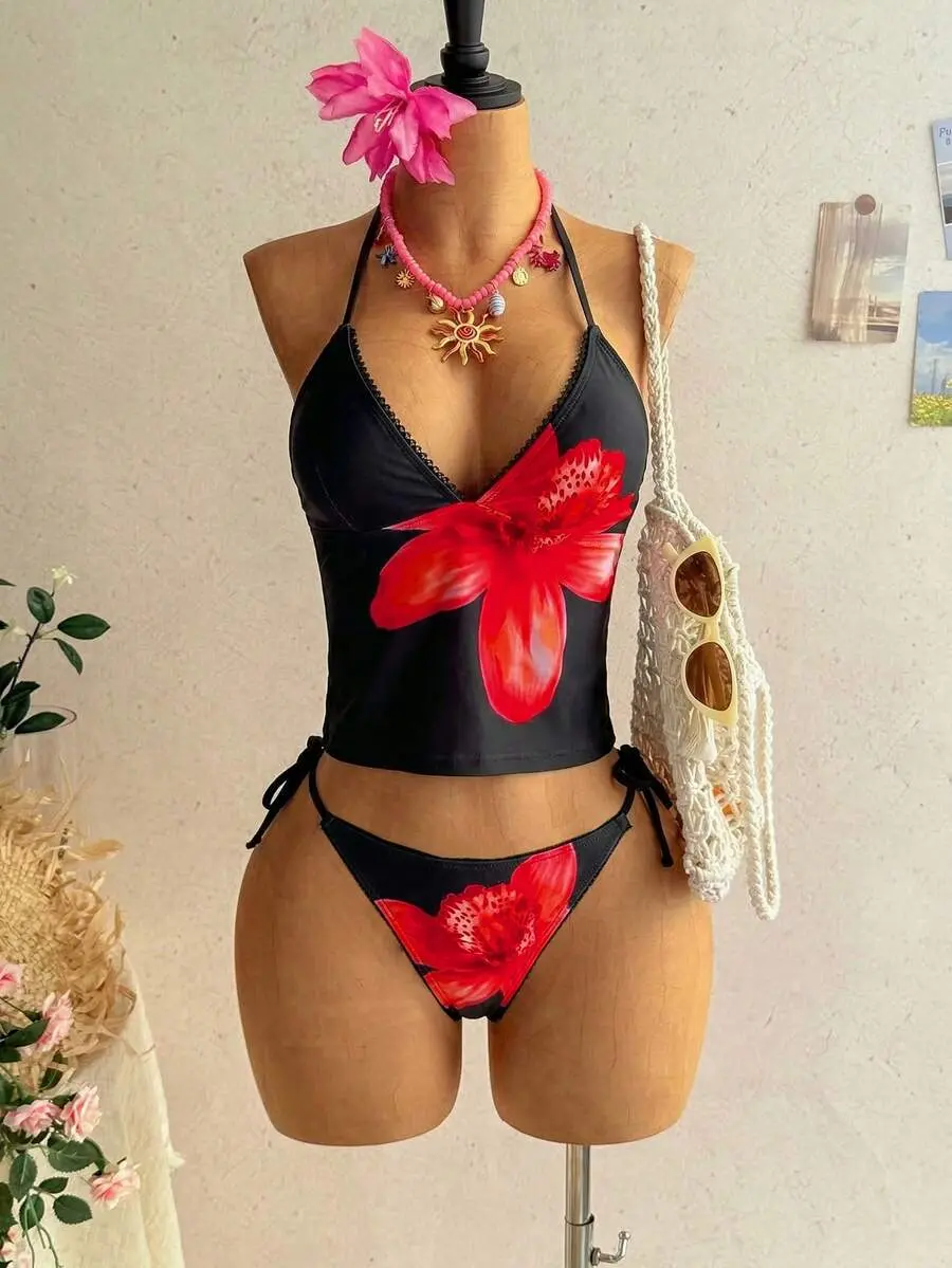 Sexy Black Floral Tankini Swimsuit for Women, Red Flower Halter Swim Top & Tie Side Bikini Bottom, Y2K Summer Beach Vacation Swimwear