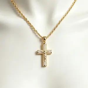 14K Real Gold Plated Crucifix Cross Necklace Cuerda Chain 24Inch 6mm Hand Polished Electroplated Unisex Hip Hop Religious Faith Pendant Perfect Mother’s Day Gift Tarnish Proof Cuerda Chain Street Jewelry men's Gold-Plated Jesus herringbone