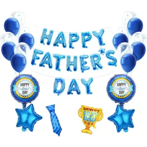 Happy Fathers Day Balloons 44Pcs Father's Day Blue Foil Balloons Banner Five Pointed Star Round Ball Tie Trophy Balloon Happy Fathers day Decorations for Party Supplies