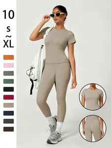 2-piece set - Solid color round-neck T-shirt short sleeves + Women's high-waisted slim-fit athletic pants for a tight and curvaceous silhouette. A comfortable outfit suitable for daily home wear.