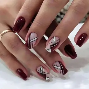 💎 Glow Red Coffin Nails ✨ Salon Gel Sparkle ✦ 2min Press On!  🔥 #TikTokViral Nails 2026 Spring New Wine Glitter Nail Art, Medium Oval Glossy Finish, Self-Adhesive Removable Nails, Free Jelly Glue Included, Nails Press Ons