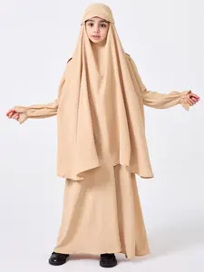 Middle East Muslim Girls Plain Prayer Dress Set Khimar Shawl Top Coat Dress Abaya Long Robe Set, Fitted Sleeveless Modest Style