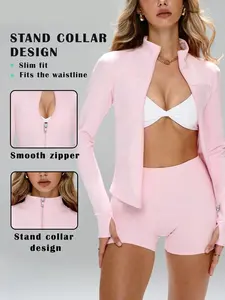 Women's Slim-Fit Zipper Jacket & Sweat-Wicking Shorts Set, Sporty Style, All-Season Comfortable Elastic Waistband Design, Sports Activewear Set, Workout Sets