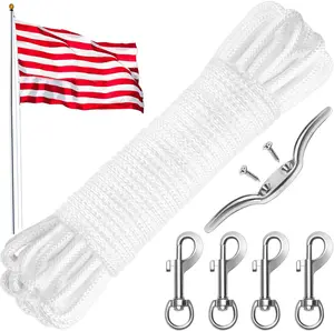 50FT/ 100FT Flag Pole Rope Line Kit, 5/16 in Flag Rope and Clips Kit Replacement with 4 count Swivel Flag Pole Hook Clips/Cleat Hook (50FT)