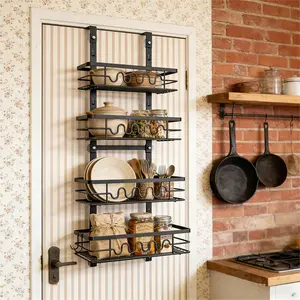 4 Tier Metal over the Door Pantry Organizer,2-in-1 Wall Mount & Hanging Spice Rack,Pantry Door Organizer with Adjustable Height Basket,for Kitchen Cabinet,Bedroom Closet,Bathroom