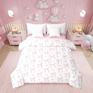 Bowknot Love Hearts Pink White 7 Piece Bedding Set,Ribbon Bow Kawaii Comforter Bed Set with Sheets,Girly Kids Cute Dreamy Bed Bag,Women Teens Adults Bed Set