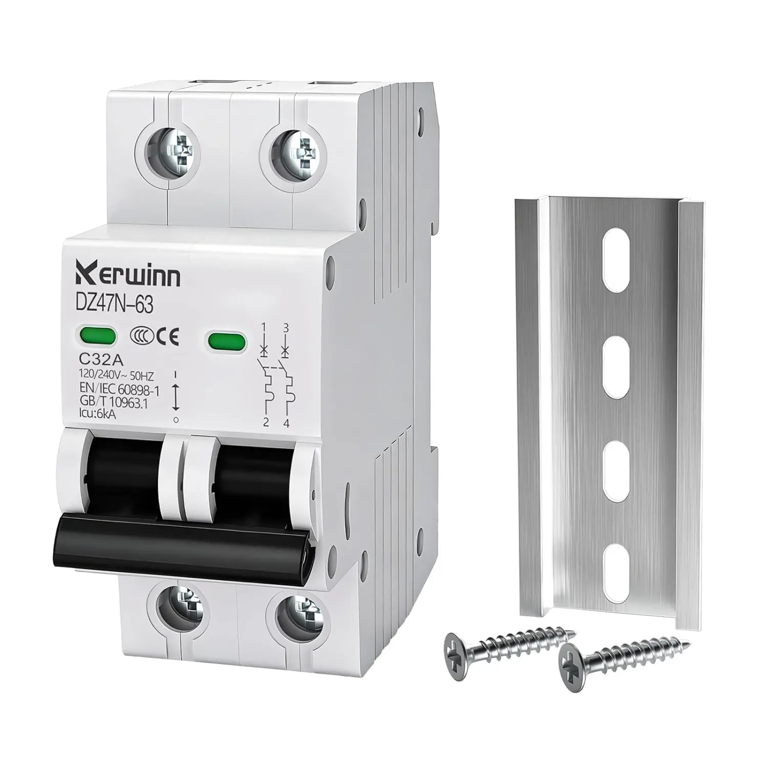 AC Miniature Circuit Breaker 2 Pole 32A (MCB),120V/240V 50/60Hz DIN Rail Mount Breaker, Compatible with Grid-Tied Solar Systems, RV & Home Circuits(C32A)