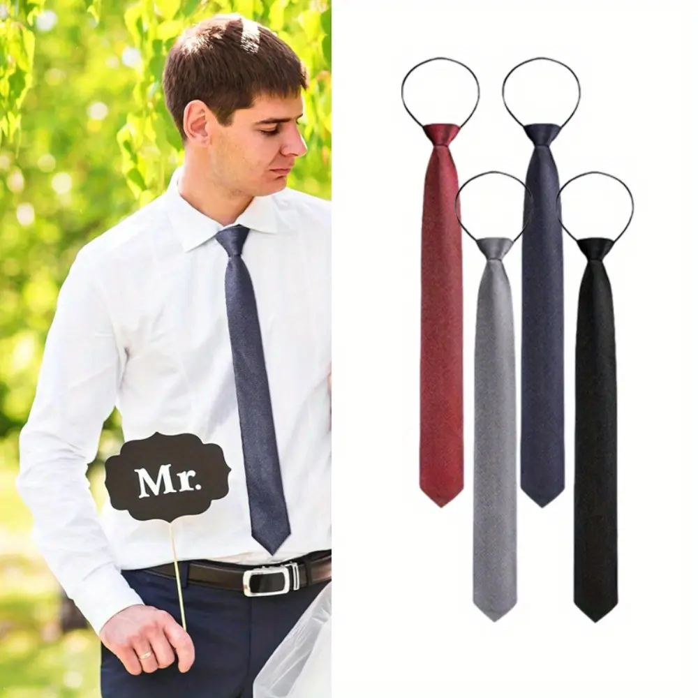 Men's Slim Fit 2.35 in Solid Color Polyester Silk Pre-Tied Zipper Neckties 4-Pack with Adjustable Loop, for Formal/Casual Wear, Birthday Gifts for Father, Brother, Father's Day, Anniversary, Ceremony, Casual Elegant Tie, 4 Pieces, Assorted Color Neckties,
