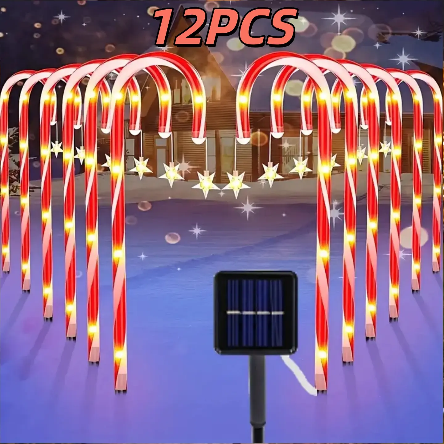 Solar Star Candy Christmas Cane Lights - 8/12 LED Hanging Stars with Twinkle Mode, IP65 Waterproof, Suitable for Christmas, Outdoor Paths, Gardens, Patio Decoration Illuminated Lantern Illuminated Candles
