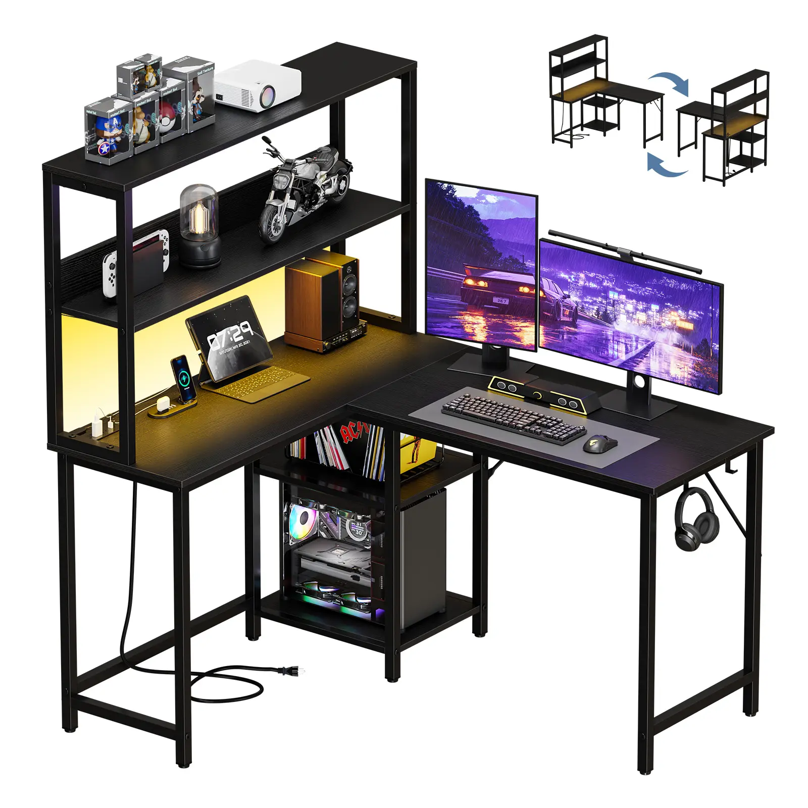 L Shaped Gaming Desk with App & Remote Controlled RGB LED Strip, Adjustable Monitor Hutch, CPU Stand & Headphone Hooks, Large Corner Computer Desk for Gaming Workstation Bedroom