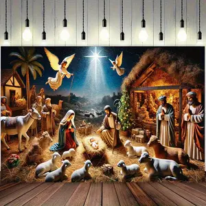 Nativity Starry Sky Angels Stable Backdrop Christmas Religious Tapestry Wall Hanging Photography Background Church Event Holiday Family Celebration Decor Polyester Fiber