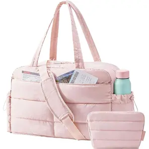 Gym Bag for Women, Lightweight Puffer Duffle Bag 2-PC Travel Bag, 31L Weekender Overnight Bag Quilted Carry On Tote Bag, Diaper Hospital Dance bag for Travel, Gym, Water Resistant, Pink