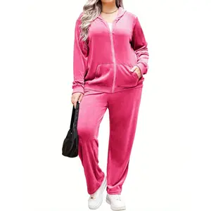 2024 Women's Plus Size Velour Tracksuit Long Sleeve Sweatsuit 2 Piece Jogging Outfit Zip Up Hoodie With Pockets