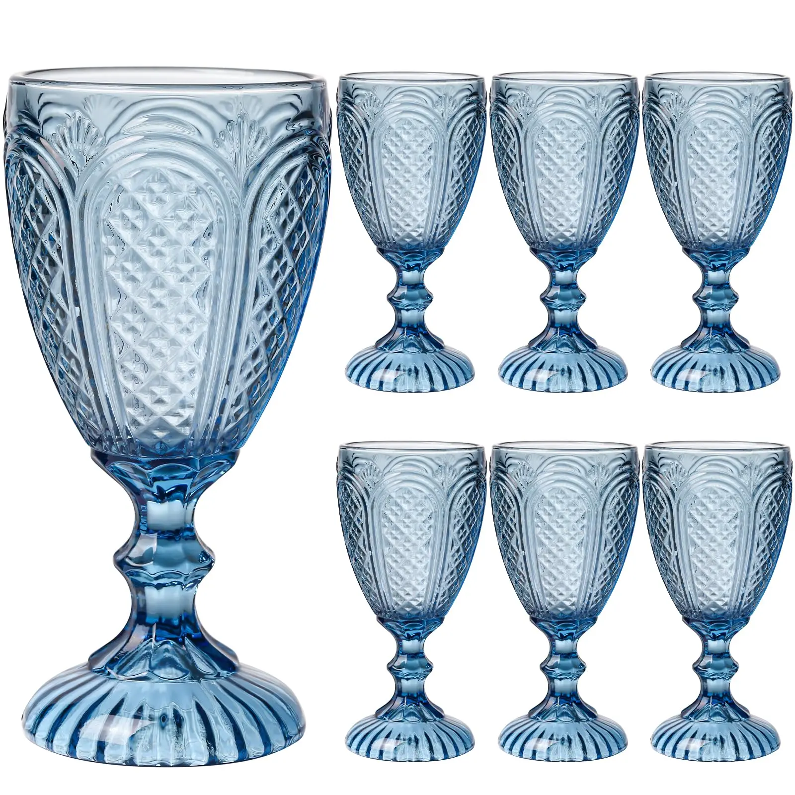 Blue Wine Glasses Set of 6 - Solid Glass Colors - Vintage Style - Perfect for Baby Shower, Wedding, Birthday - 10.5 OZ Capacity - Drinkware