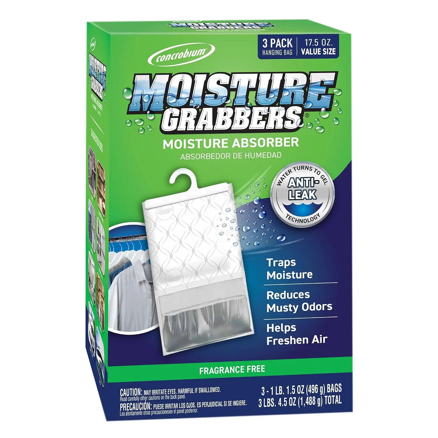 Concrobium Moisture Grabbers, 3-Pack 17.5 oz Bags (Fragrance-Free) — Powerful Moisture Absorber with Anti-Leak Gel, Covers Up to 350 cu ft, Eliminates Musty Odors for Fresher Air