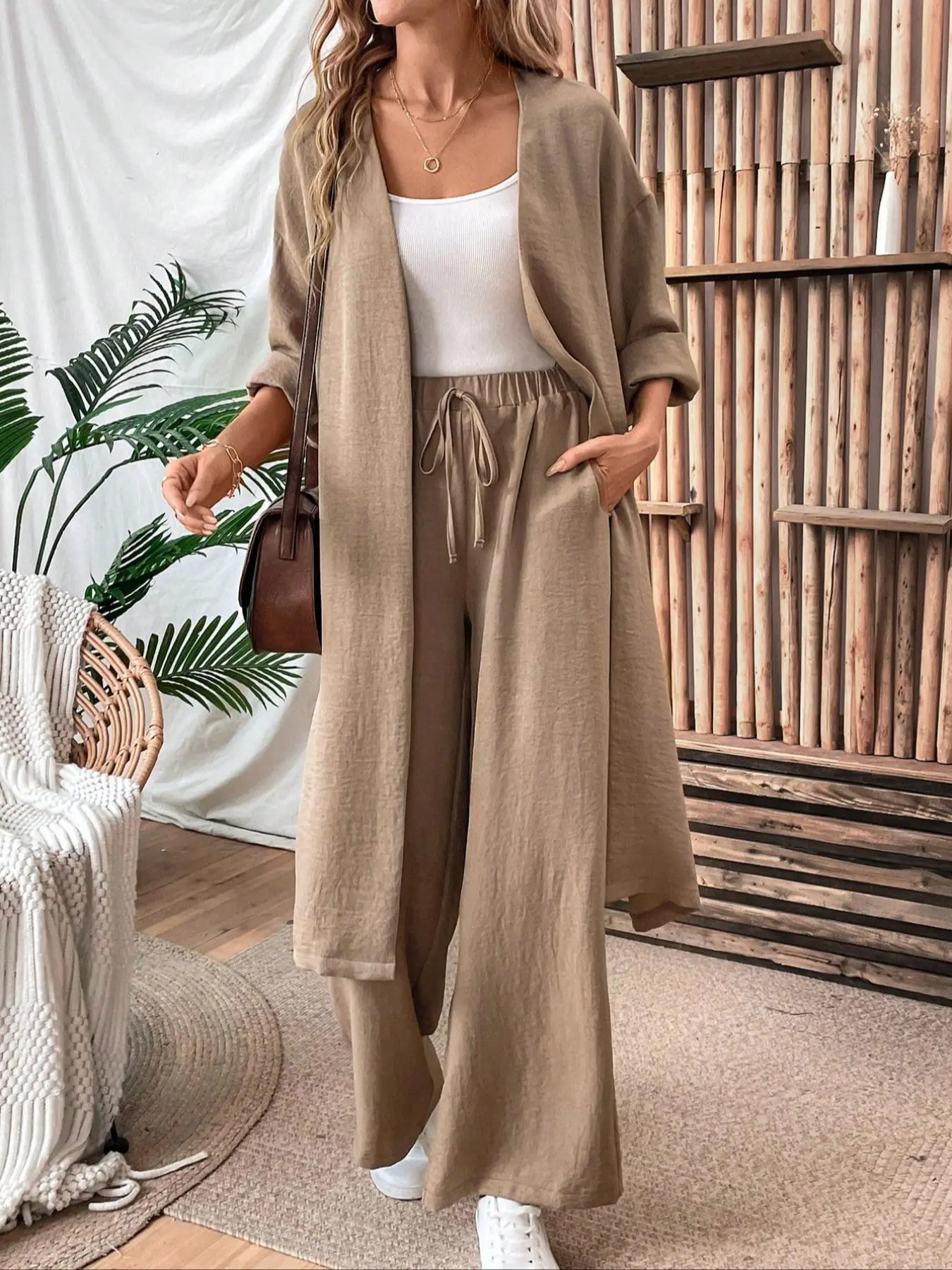 Two-Piece Set Women's Solid Open Front Split Hem Kimono & Tie Front Pocket Fashion Pants Set, Casual Outfits Women Drop Shoulder Long Sleeve Outerwear & Elastic Waist Trousers, Women's Spring & Fall Clothes, Loose Fit Set, Casual Matching Sets