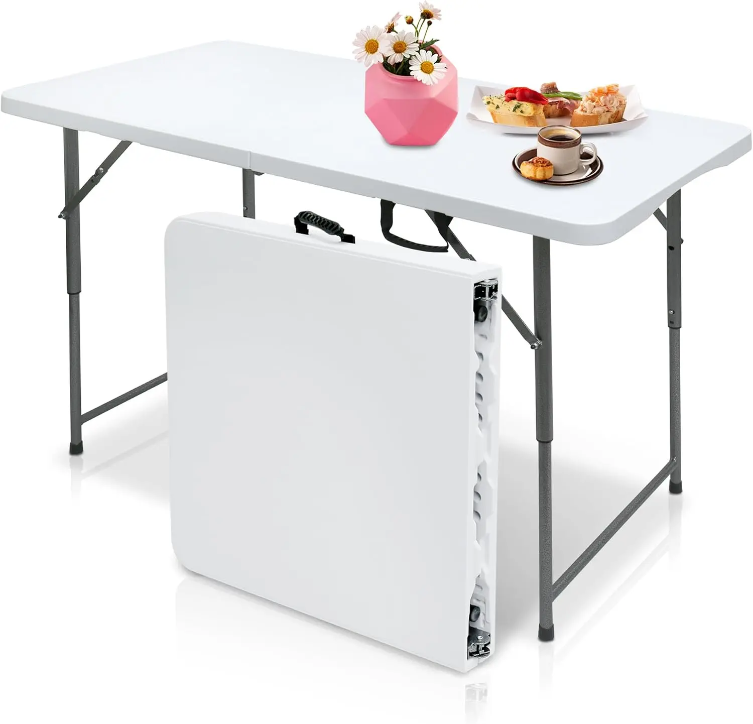 4 Foot Portable Plastic Folding Table 4FT 48" Half Foldable Heavy Duty Top w/Carry Handle - Indoor Outdoor Backyard Camping Picnic BBQ Party Wedding Dining Office Event Meeting White