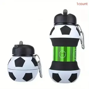 Foldable Water Bottle, 1-Count Soccer Ball Design Leak-Proof Portable Drinking Cup with Lid for Outdoor Sports, Travel