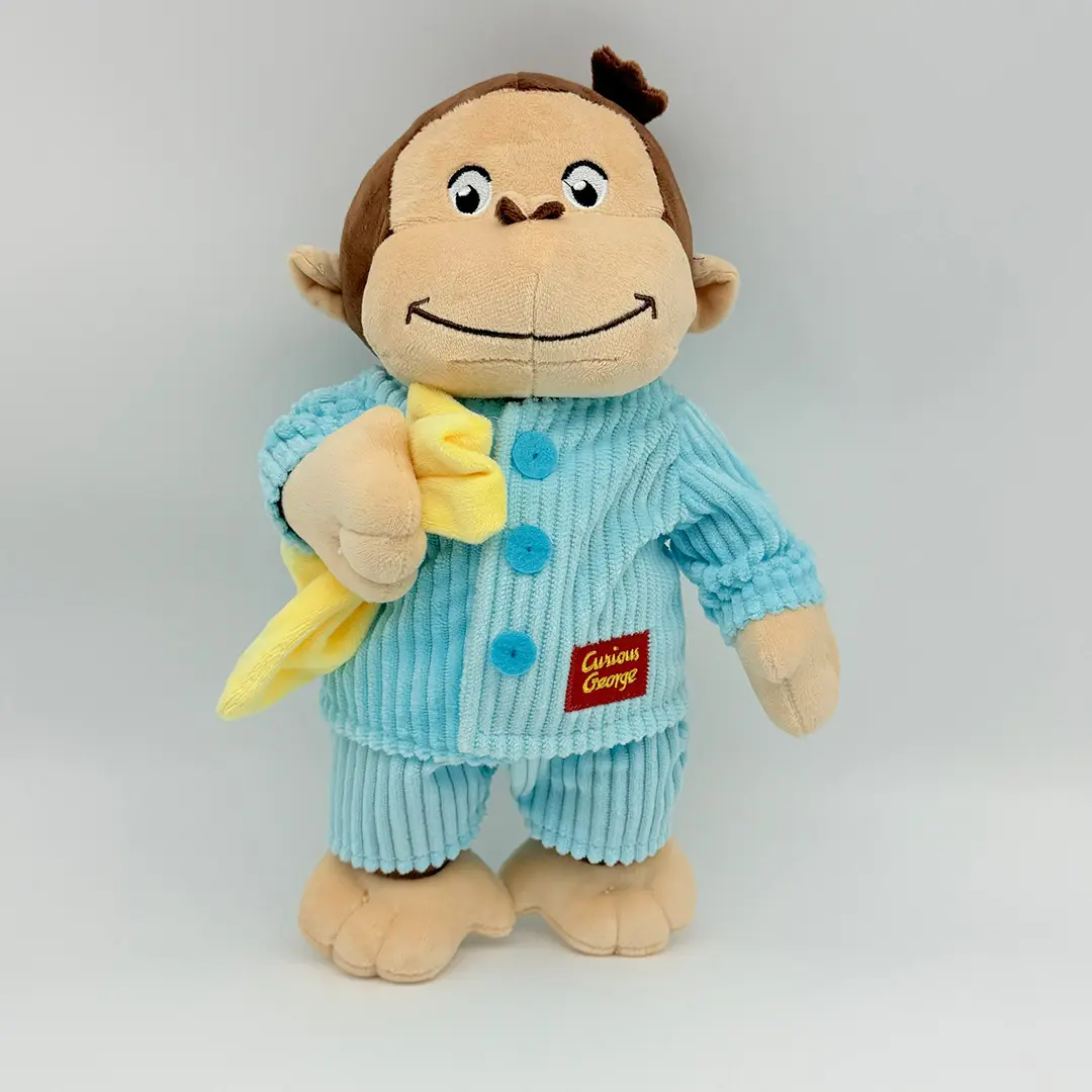 Curious George Plush Doll with Yellow Blanket, Soft Blue Pajamas Monkey Stuffed Animal, Cute Sleepy Monkey Toy for Kids Bedtime Companion, Cartoon Character Gift for Toddlers