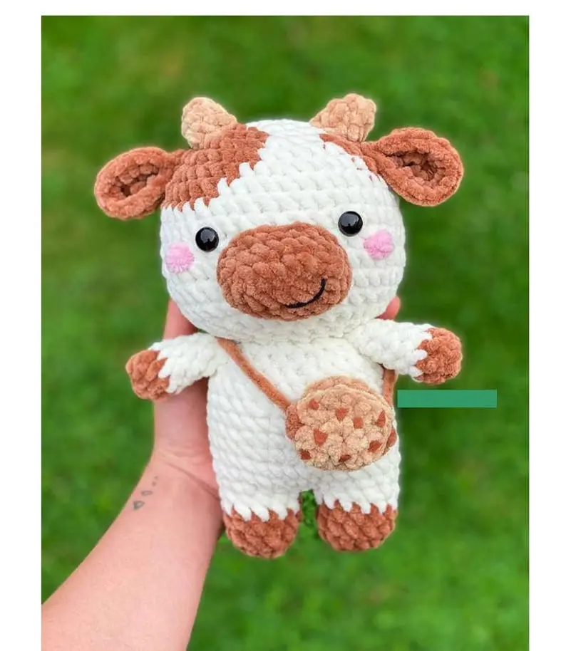Handmade Crochet Cow Plush – Cute Amigurumi Cow Toy with Bag – Soft Stuffed Animal Gift