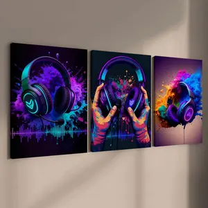 3 count wooden frame canvas painting, Graffiti game console poster, Gamers art, cool game room decoration, stylish living room decoration, Modern family poster, exquisite corridor wall art, HD, waterproof