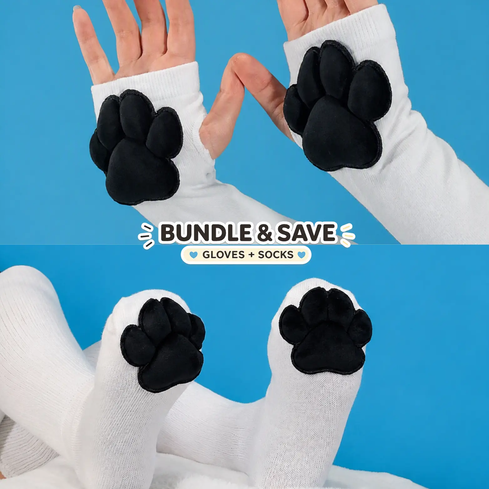 Paw Pad Socks and Gloves Bundle - White with Black Plush for Furry Anthro
