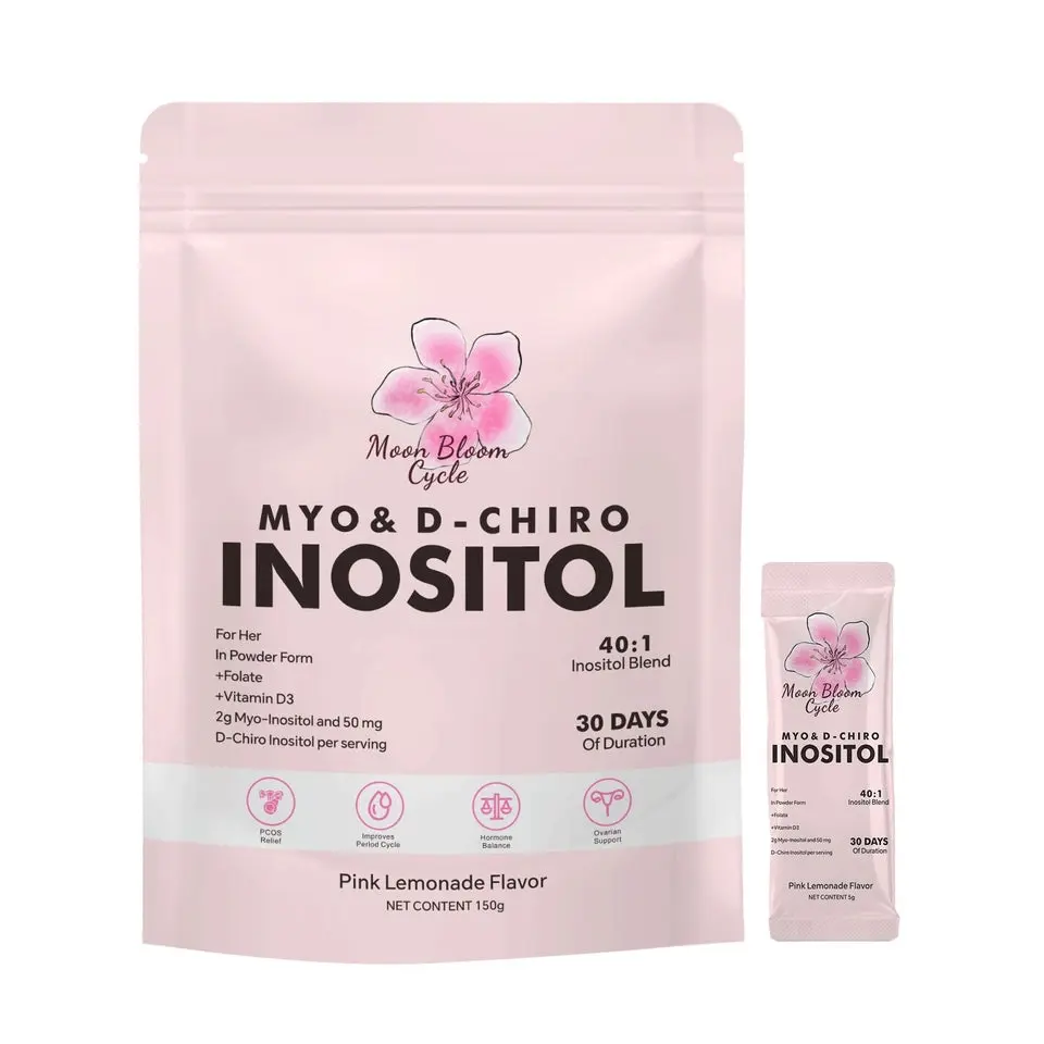 Moon Bloom Cycle 40:1 Myo-Inositol & D-Chiro-Inositol Powder Packets 1 Month Supply with CoQ10, Magnesium Glycinate, Vitamin D3, Folate, B6 & B12