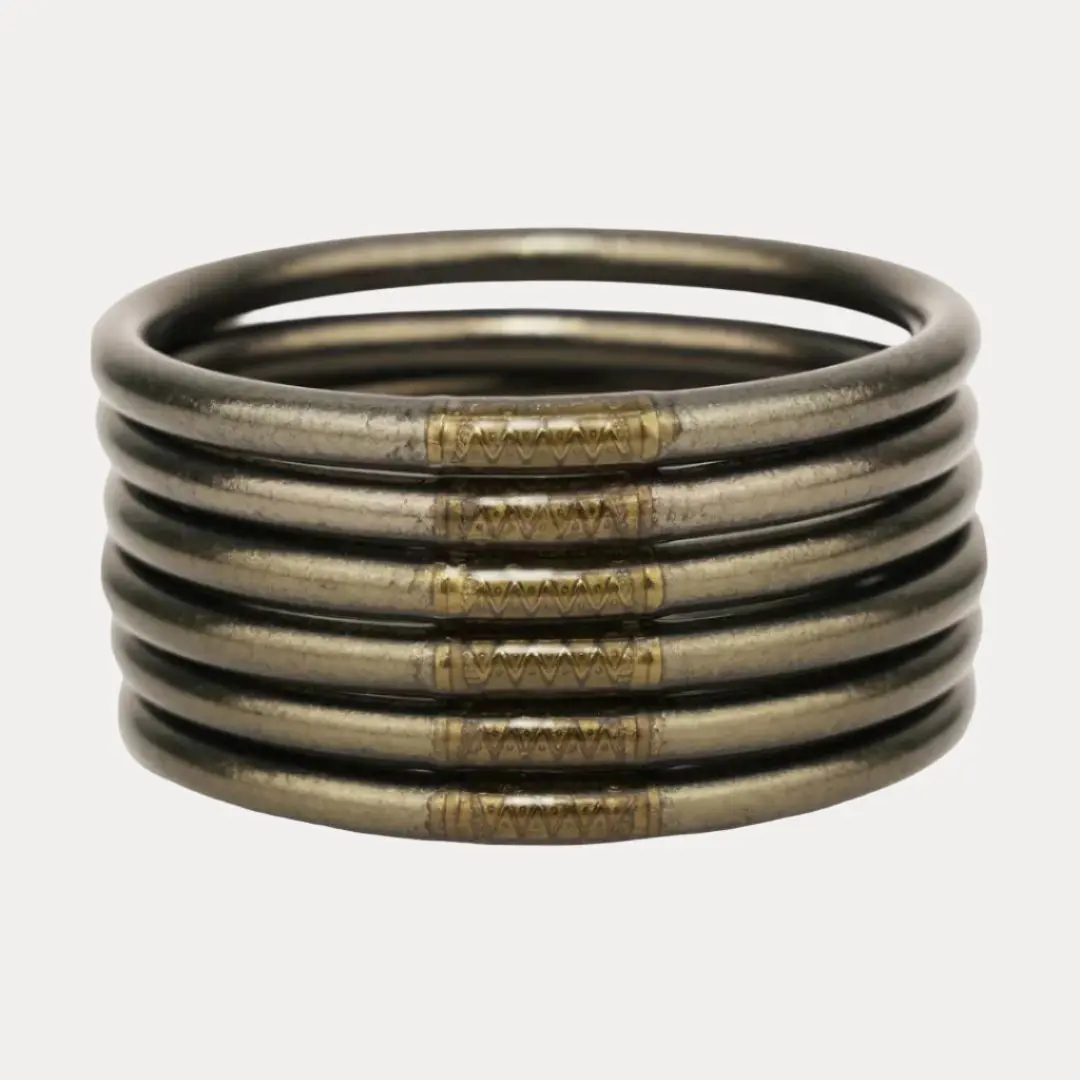 BuDhaGirl Flint All Weather Bangles (Set of 6), Gold Leaf Infused Aesthetic Bracelets Set for Women - Waterproof, Soundless Wrist Stack with Serenity Prayer Bead, Gold Aesthetic, Bangle Bracelets, Bracelets Stack