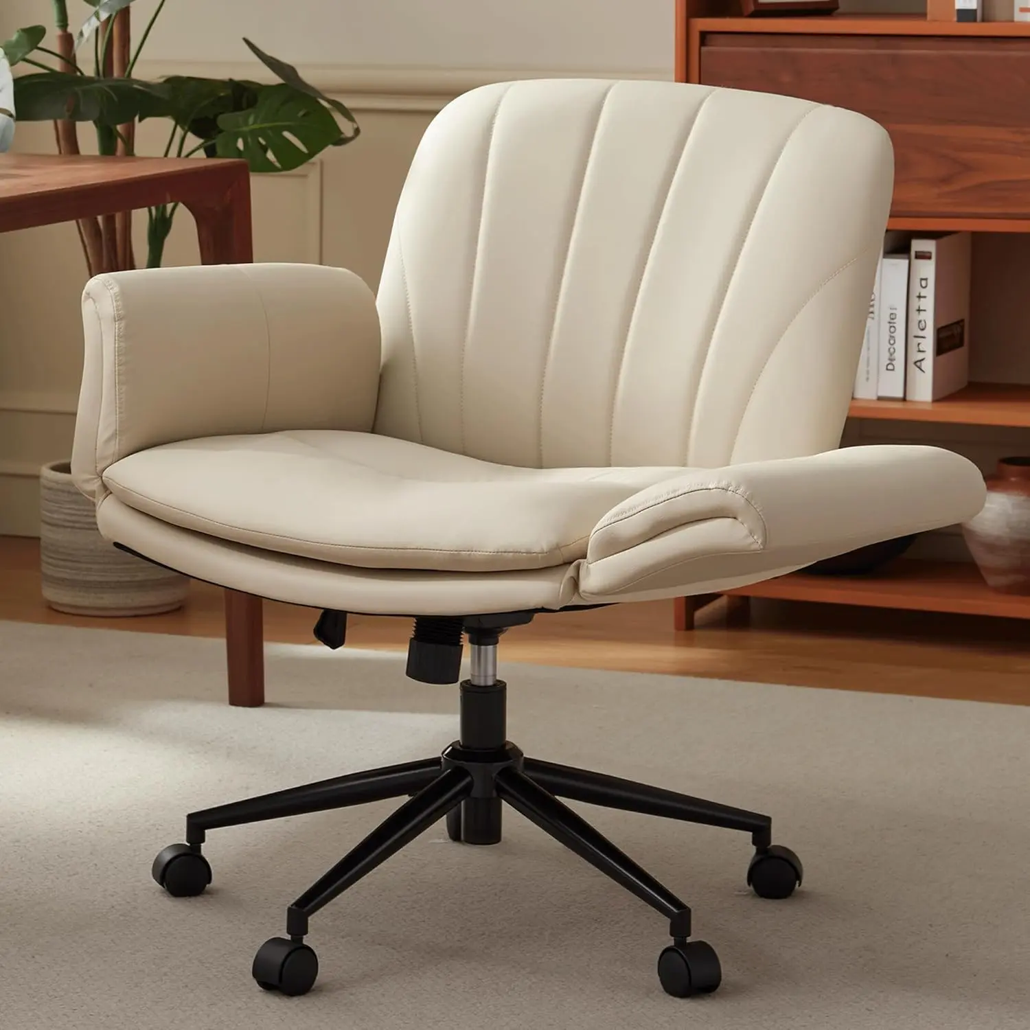 [DealsForYouDays] Criss Cross Chair with Five-Level Adjustable Arms and Wheels - Comfortable Ergonomic PU Leather Swivel Vanity Chair - Computer Makeup Gaming Chair for Home Office, Bedroom, Vanity Room