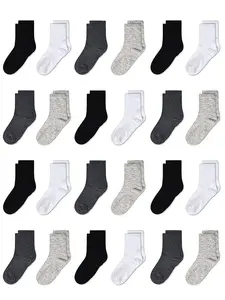 Kid's 24 Pairs Random Solid Crew Socks, Casual Comfy Breathable Mid Calf Socks for Daily Wear, Kid's Socks for All Seasons, Casual Stylish Socks, Youth Socks