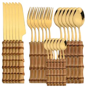 24-Piece Bamboo Cutlery Set - Stainless Steel Flatware with Natural Bamboo Handles | Eco-Friendly Tableware for Dinnerware & Steak