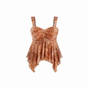 Cider Mesh Deer Sweetheart Neck Ruffle Hem Cami Top Curve & Plus