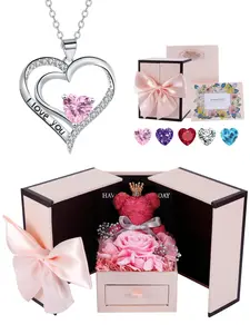 Heart Shaped Cz Birthstone Necklace, I Love You Pendant, Mos Bear Rose Jewelry Gift Box, Girlfriend Birthday Anniversary Present, Exquisite Jewelry Gift