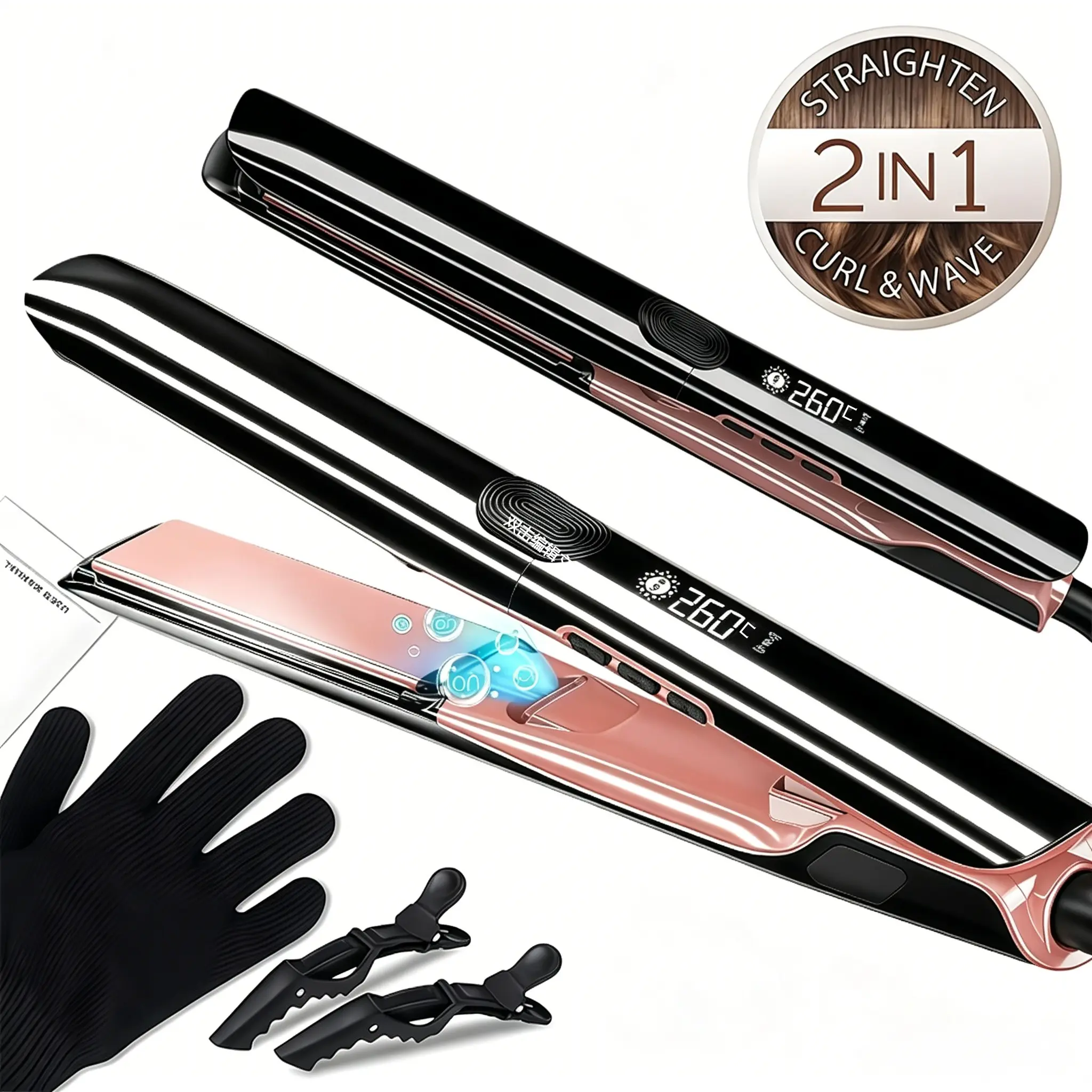 1 PC Hair Straightener 1 Inch Flat Iron and Curler 2 in 1 Titanium Ceramic Ionic Dual Voltage Straightener with Heat-Resistant Silicone, for Less Frizz, Shinier & Smoother smooth hair styling LCD Display & Heat Resistant Glove Hair Styling Tools