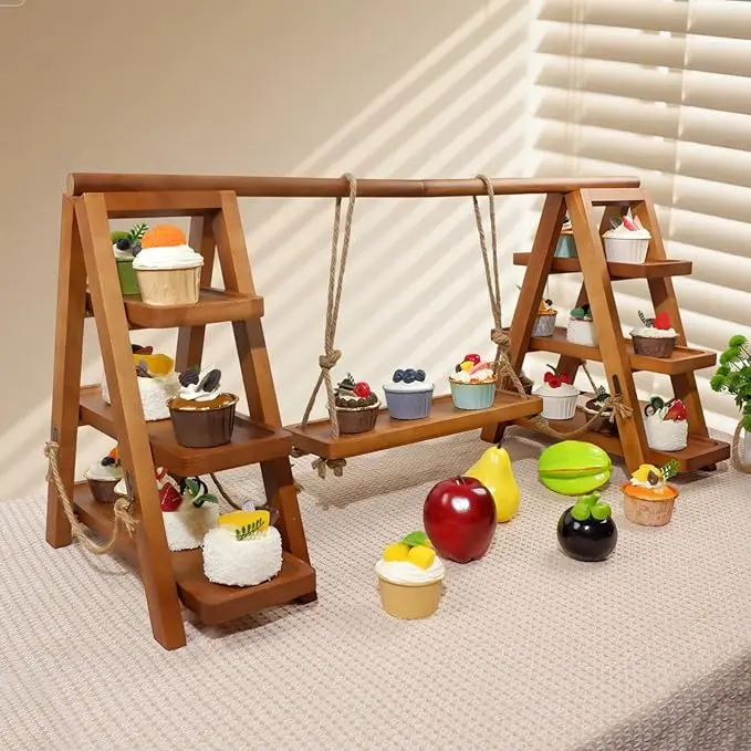 3-Layer Rustic Wooden Paulownia Cupcake Stand - Foldable, with Swing, Ladders, Removable Trays for Weddings, Home Decoration