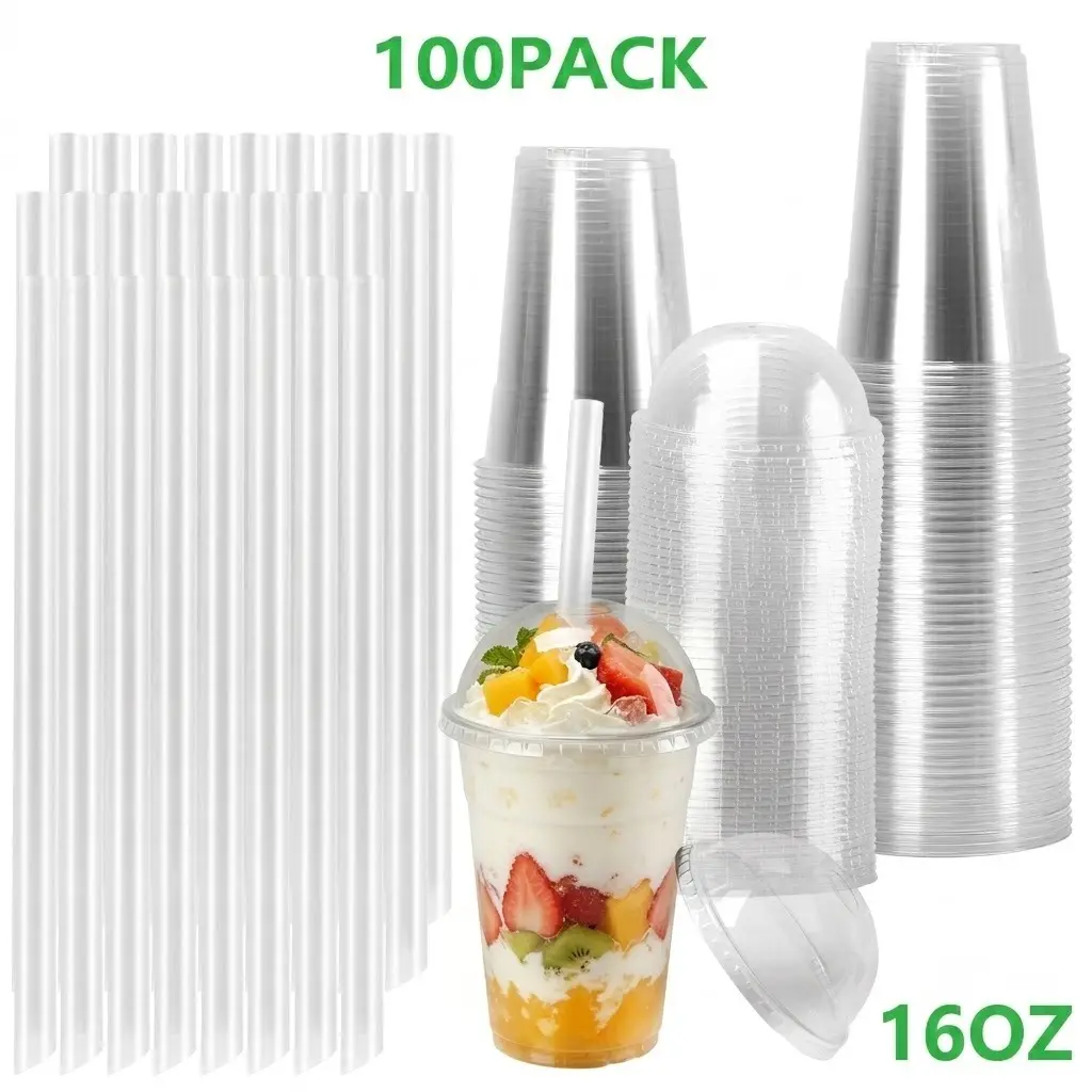 100-Pack Disposable Clear PET Dome Lid Tumblers, Multi-Size (16/20/24oz) BPA-Free Recyclable Leak-Resistant Cups with Straws for Boba Tea, Iced Coffee, Catering