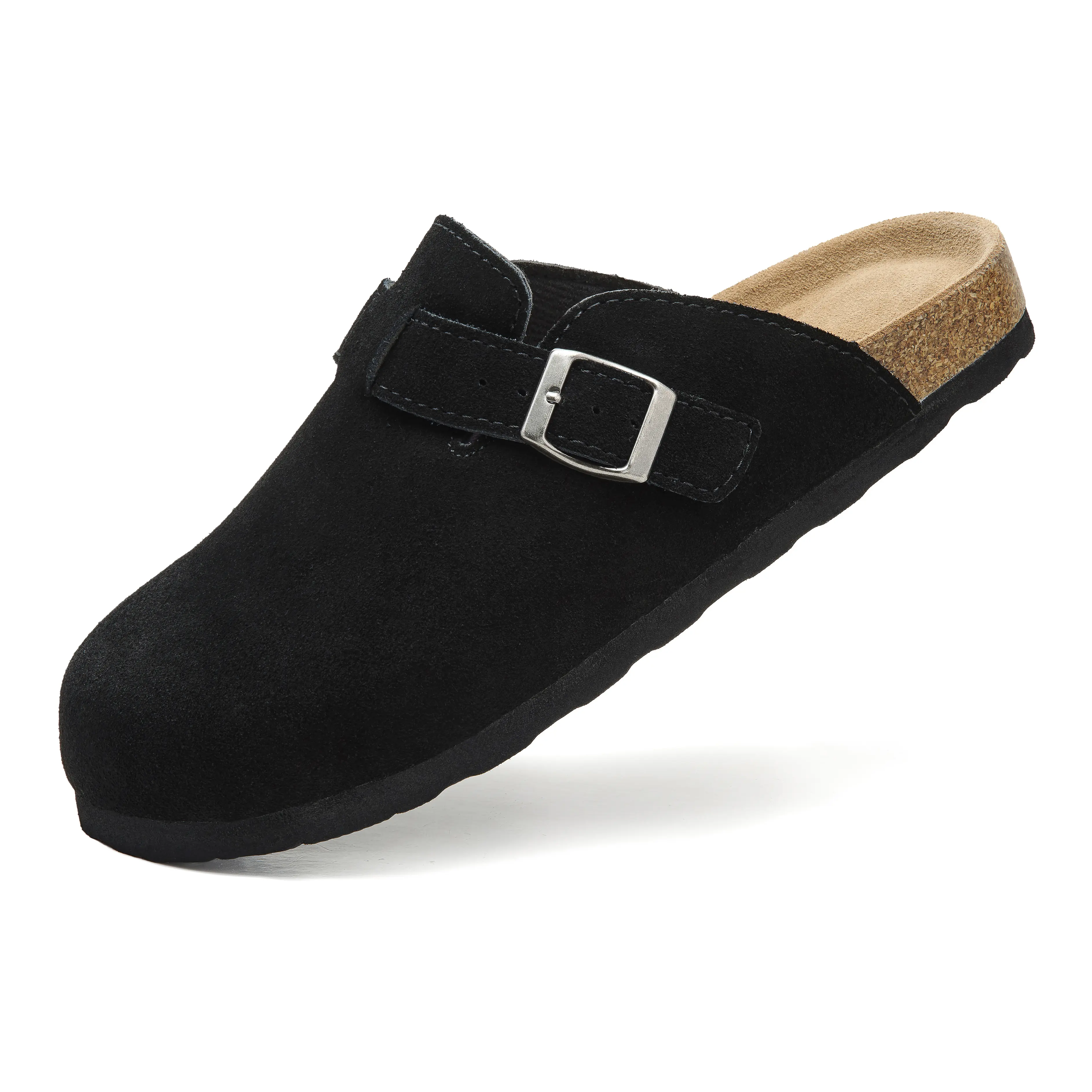 VENECORE Luna Women's Clogs - Black Genuine Soft Suede Mule Slide with Cork Footbed for Comfort & Style - Classic Slip-On Design