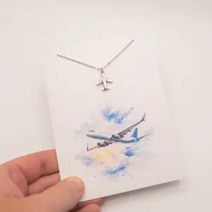 Airplane Charm Necklace - Custom Jet Airline Pendant Silver or Gold Plane Jewelry Gift for Pilot Stewardess Travel Agent With Greeting Card