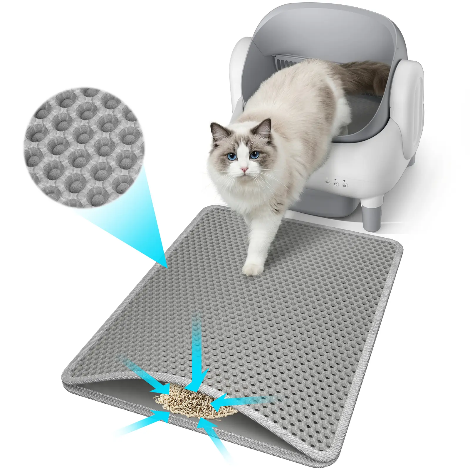 Honeycomb Cat Litter Trapping Mat with Pee Guard, 22x16 in Grey, 2-in-1 Versatility, Double-Layer Effortless Cleanup, Strong Anti-Slip Backing, Side-Opening Design, Leakproof Waterproof Pet Supply for Floor Protection & Sensitive Paws