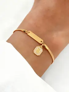 Women's Stainless Steel Herringbone Chain Letter Bracelet, Casual Style Zirconia Block Initial Design, All-Season Fashion Accessory