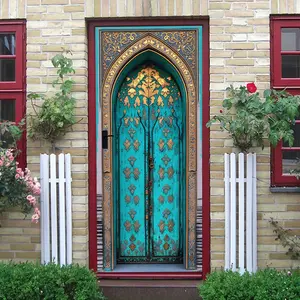 2pcs Middle Eastern Vintage Carved Door Wall Sticker Islamic Style Home Decor Mural Peel and Stick Waterproof Removable Wallpaper for Living Room Bedroom