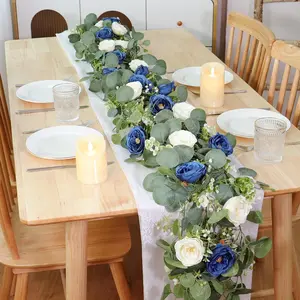 180cm Artificial Eucalyptus Wreath with Blue Roses, Faux Rose Flowers, Vibrant Faux Flowers, Decorative Flowers, Artificial Flower Decorations, Plant Garland, Vine Decor, Faux Plants Indoor for Weddings, Home Parties, Table Decoration