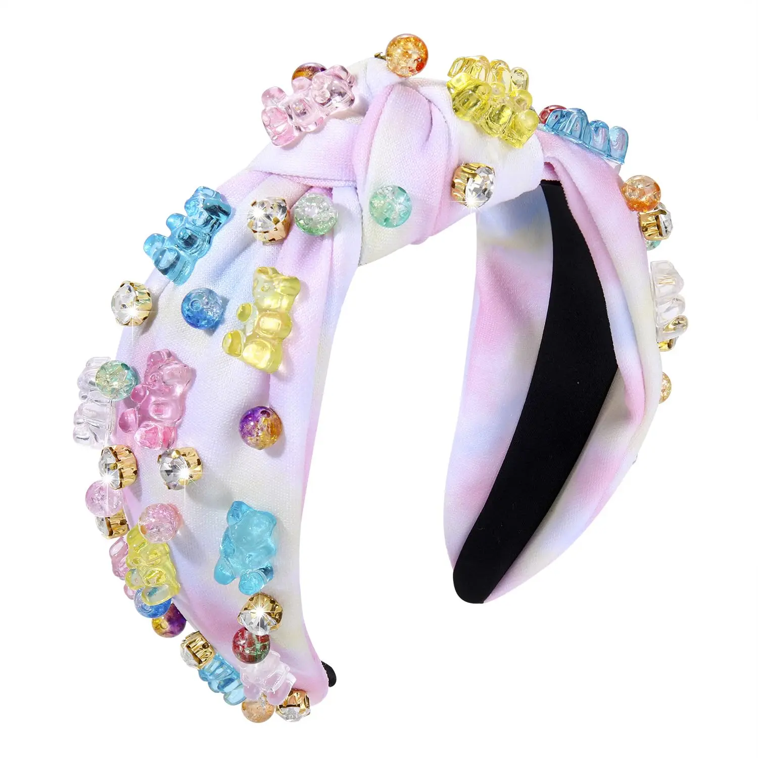 L-HDW129 Knotted Headband for Women Crystal Gummy Bear Jeweled Embellished Top Knot Headbands Fashion Statement Wide Turban Hairband Funny Gifts for Girls Sister Birthday Holiday Party